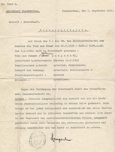 Schutzhaft-befaling mod marxisten Johannes Langmantl for statsfjentlige aktiviteter fra 2. september 1935.