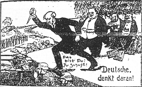 Billede fra højrenationalistisk avis, der viser tyske soldater blive dolket i ryggen af hjemmefrontens demokrater og jøder.