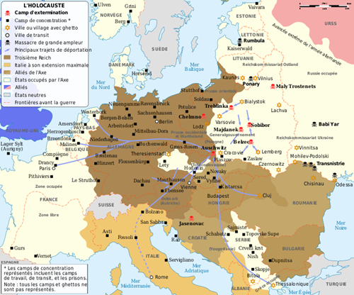 kort over udvalgte koncentrationslejre i de tysk besatte områder, samt fra det fascistiske regimes allierede: Italien og Kroatien fra omkring 1942 – de italienske lejre blev med tiden overtaget af nazisterne. På kortet sondres der mellem dødslejre og andre koncentrationslejre. Udvalgte massegrave og ghettoer er også indtegnet. Kortet er fra 2009, på fransk og fra Wikipedia